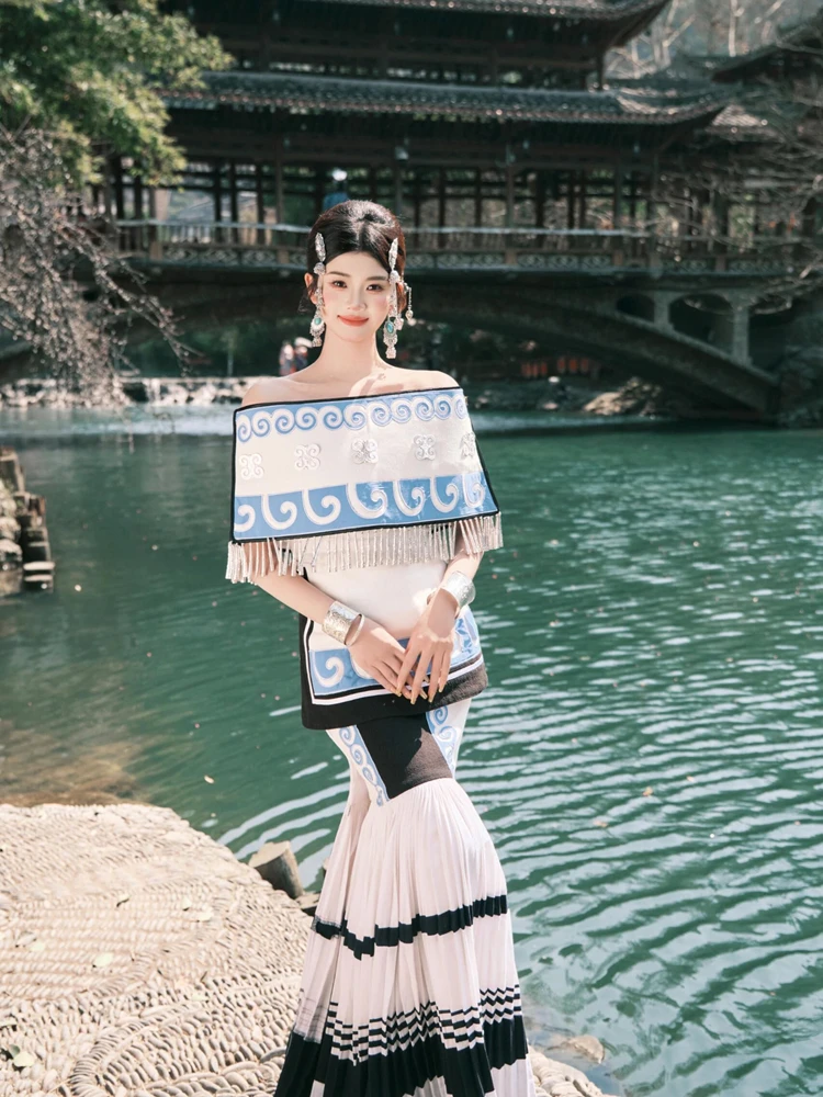 

Новый этнический костюм для фотосессий и путешествий, традиционная одежда для молодых девушек из Дали, Юньнань.