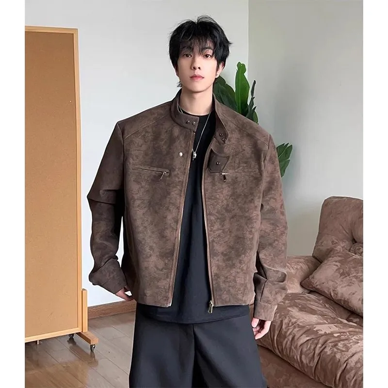 

Коричневая кожаная куртка в стиле ретро, мужская верхняя одежда с воротником-стойкой American Cleanfit, высококачественная верхняя одежда, теплое полиэфирное волокно