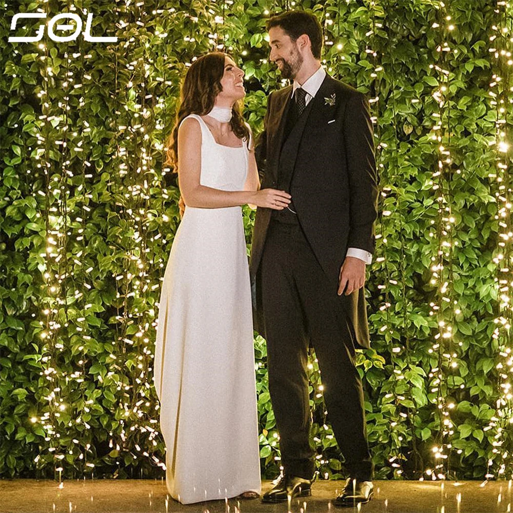 Vestido De Novia De satén con tirantes finos y cuello cuadrado, traje sencillo De dos piezas con Espalda descubierta, corte en A