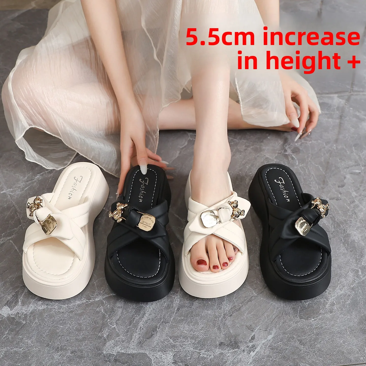 

Summer Round Headed Comfortable Fish Mouth Bow Casual Slippers for Women's Fashion New Elegant Thick Soled High-heeled Slippers
