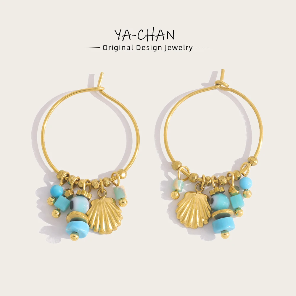 YACHAN Vintage Blue Stone Stainless Steel Hoop Earrings for Women Chic Charms Exquisite 18K Gold Plated Jewelry