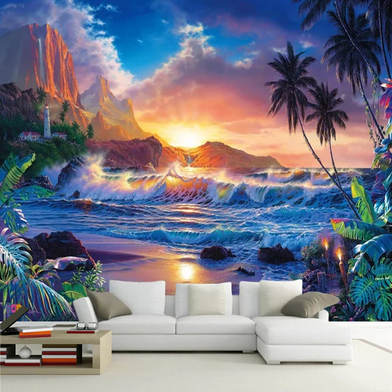 Customized European 3D Coconut Tree Sea Oil Painting Murals Living Room Study Kid's Bedroom Background Photo Wallpaper Decor 8d
