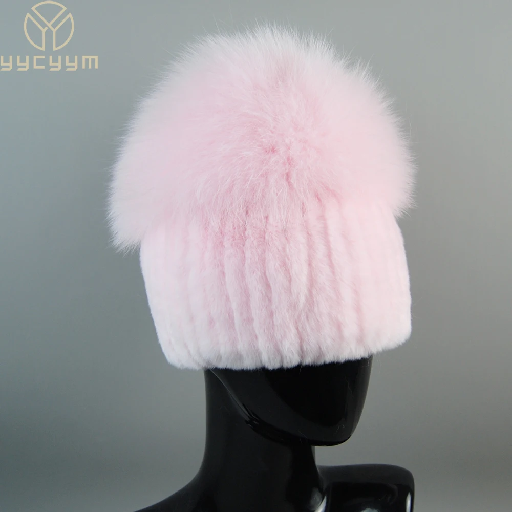 

Natural Fur Hats Women Knitted Rex Rabbit Fox Fluffy Winter Warm Female Hat Hot Sale Luxury Headgear Real Fox Fur Bomber Caps