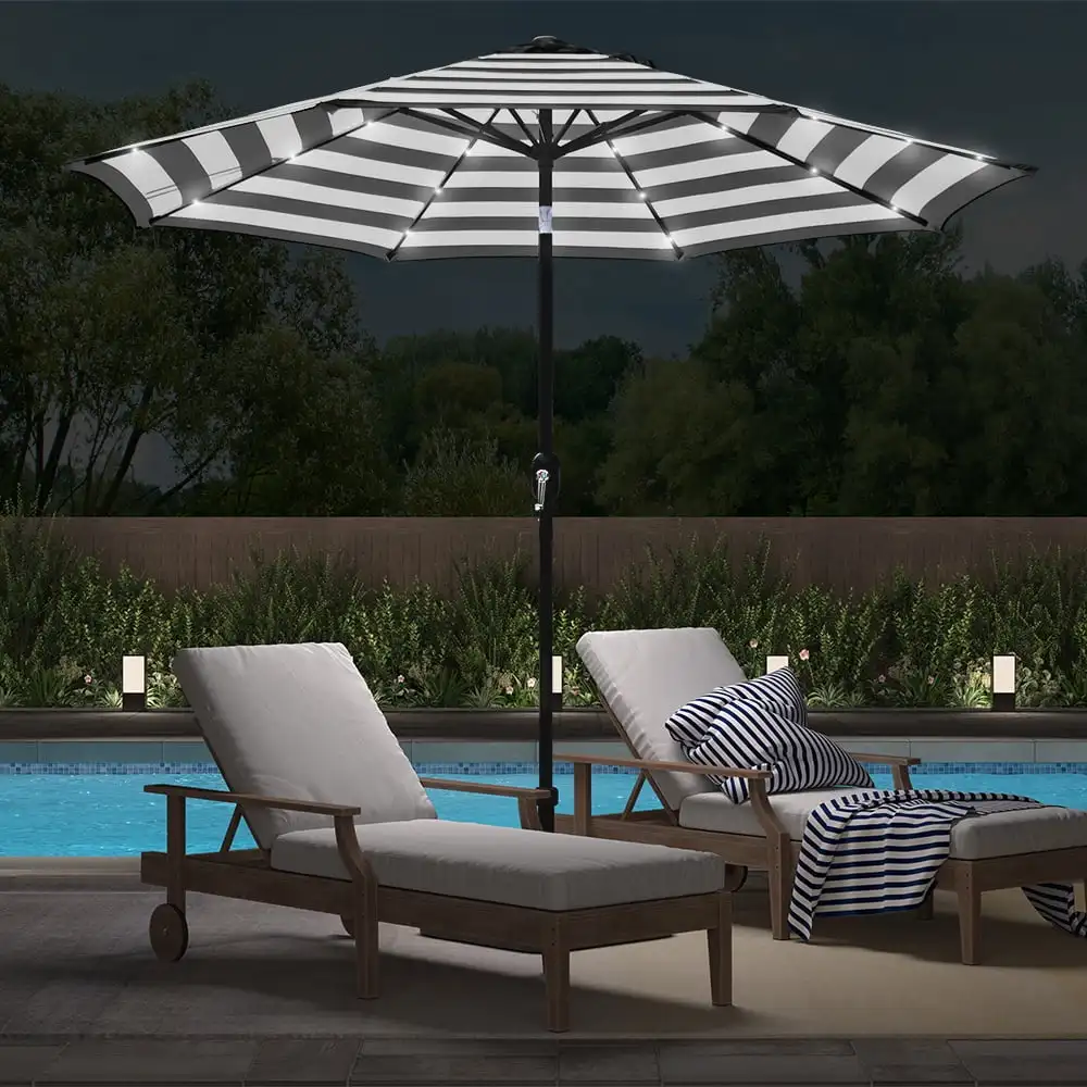 

9ft Black and White Solar LED Lighted Outdoor Patio Umbrella, Adjustable Tilt