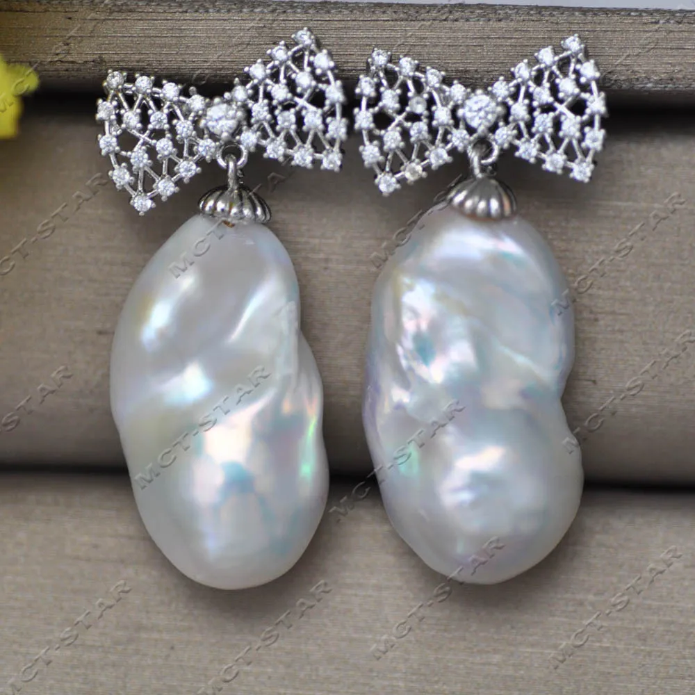 Z13796 26mm White Baroque Reborn Keshi Pearl Dangle Earring Bowknot CZ Custom Jewelry Earrings 