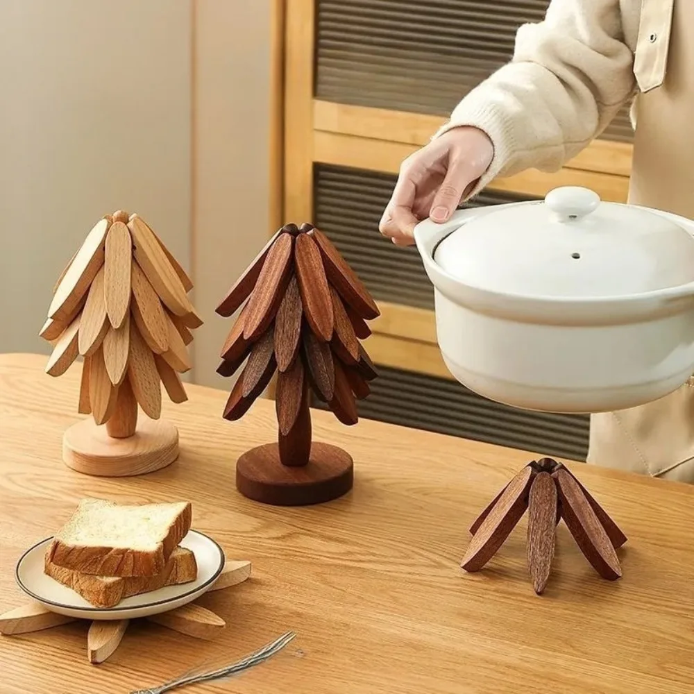 Nordic Style Christmas Tree Wooden Trivet Set, Foldable Heat Resistant Hot Dish Pot Pad, Anti‑Scald Coaster for Kitchen Cookware
