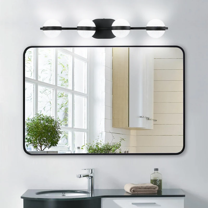 30" Black Minimalist LED Bathroom Vanity Light Crystal Sand Acrylic Shades 4light Wall Mounted Decorative Lighting Fixture