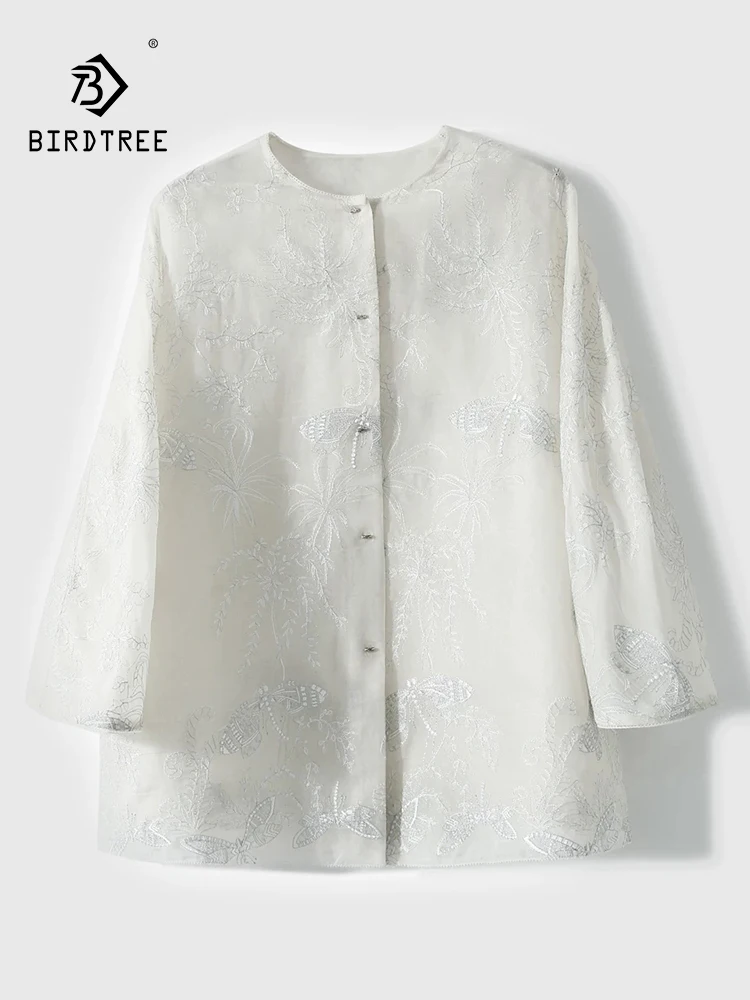 BirdTree-Bottom 100%Real Silk Organza Elegant Coat, Long Sleeve Embroidery, Women Vintage Thin Loose Coat, 2026 Summer C63643CC