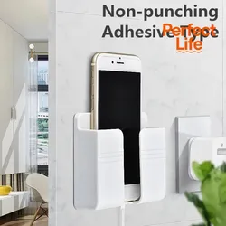 Wall Mount Phone Holder White Punch Free Wall Mobile Phones Charging Stand Lazy Sticky Remote Control Storage Box