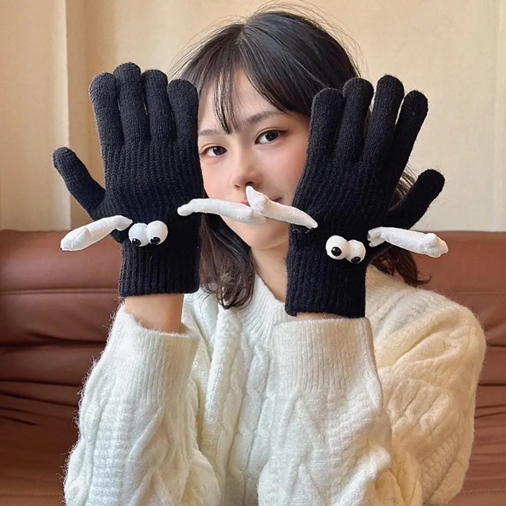 1 Pair Funny Gloves Hand In Hand Magnetic Suction Gloves Elastic Funny Big Eyes Full Fingers Winter Gloves