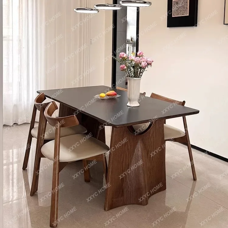 Solid wood dining table,  modern minimalist, vintage style matte small apartment sintered stone dining table