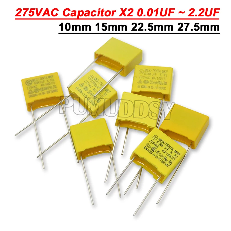 10Pieces 275VAC Capacitor X2 Series 0.01UF ~ 2.2UF Polypropylene Film Capacitor 0.001 0.0022 0.0047 0.01 0.022 0.033 0.047 1 2uF