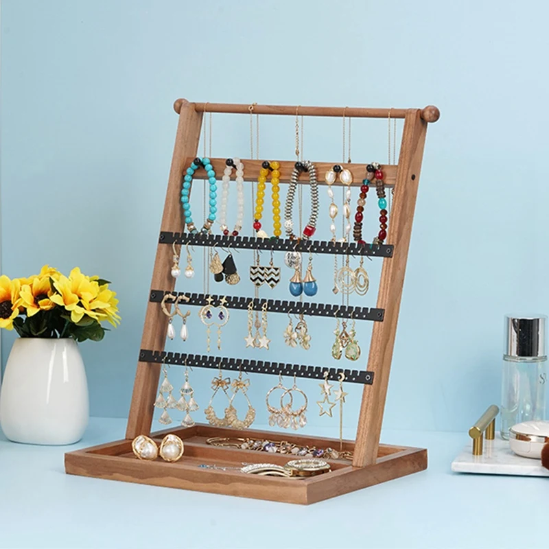 Wooden Jewelry Rack 5-Story Tower Display Jewelry Rack Removable Earrings Necklaces Rings Jewelry Stand Rectangular Easy To Use