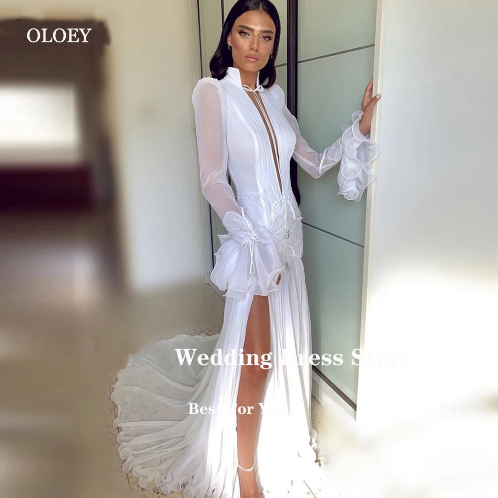 OLOEY Elegant High V Neck Chiffon Beach Long Sleeves Wedding Dresses Arabia Women Formal Dress Evening Bride Gowns With Slit