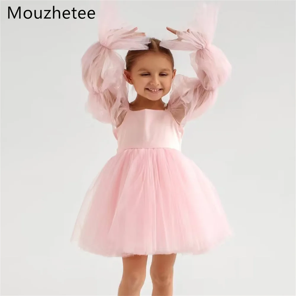 Mouzhetee A-Line Simple Pleat Pink Bow Birthday Dresses Wedding Party Dress for Kids Flowers Girls Prom Gowns Customized 2026