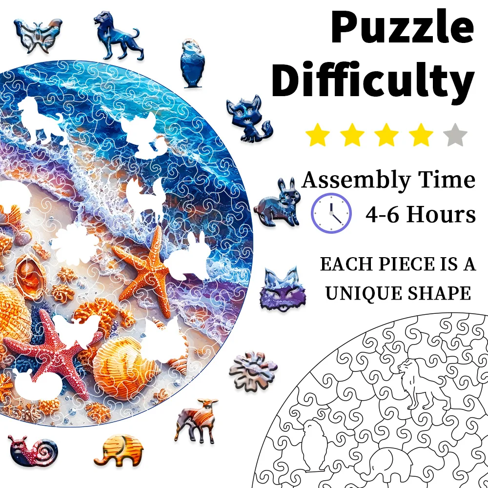 Puzzle de madera Shell Beach, rompecabezas de madera premium, elegante caja de papel, juguete rompecabezas de forma irregular, creatividad divertida, alivio del estrés