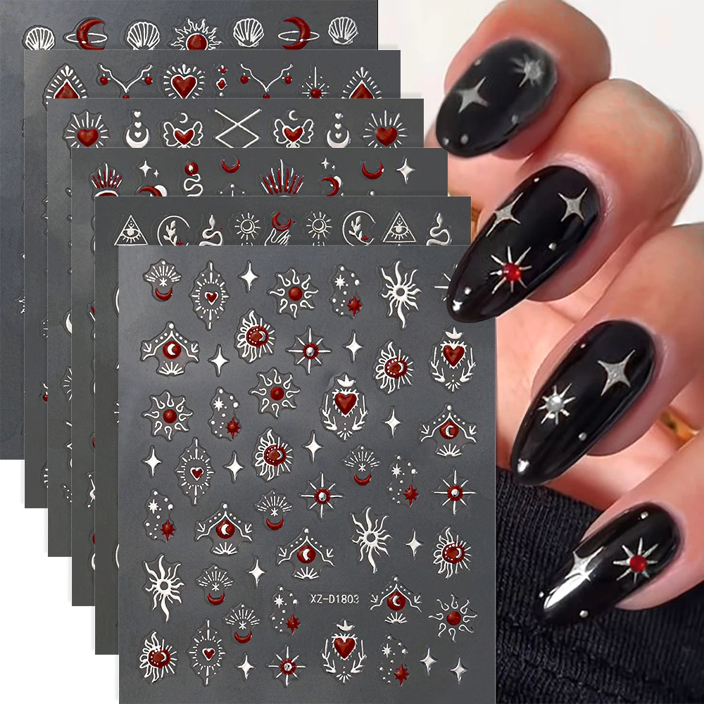 6Pcs Red Heart Rhinestone Gems Nail Stickers 3D Bronzing Gold Sun Moon Starlight Metallic Slider Decals Adhesive Jewels Stickers