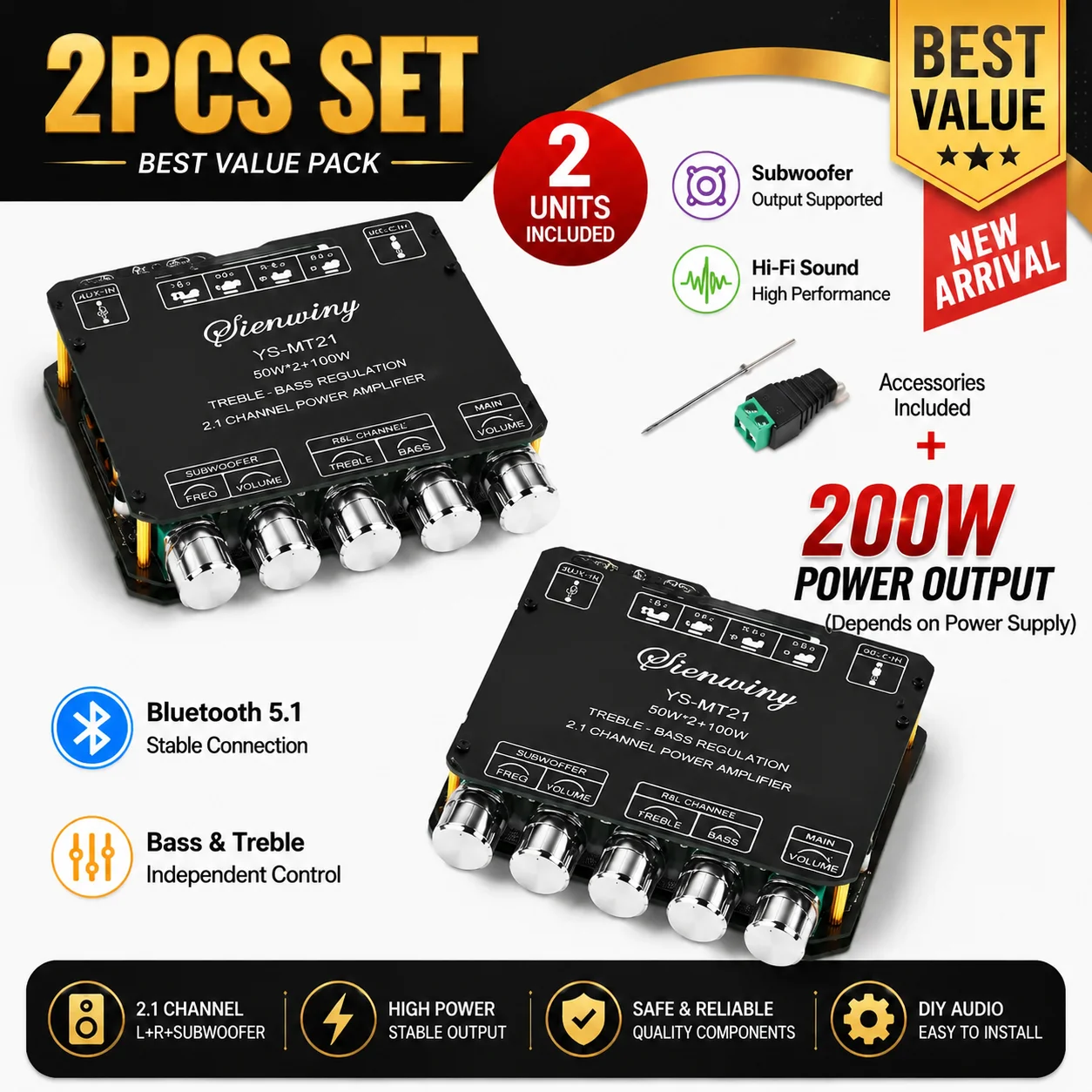 1/2PCS YS-MT21 Bluetooth 5.1 Power Amplifier Board 2.1CH 200W 50W*2+100W HiFi Stereo Subwoofer AUX USB 12/24V Home Car Speaker