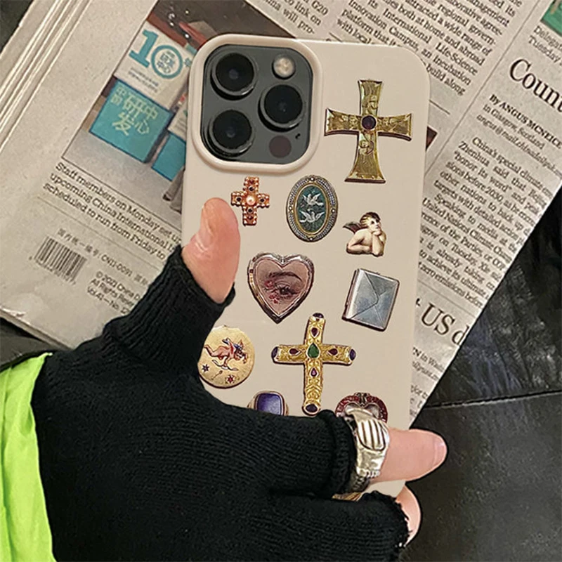 Retro Graffiti Ornaments Phone Case For iPhone 11 13 14 15 Pro Max 12 Mini XR XS Max 7 8 Plus Couple Shockproof Case Cover Funda