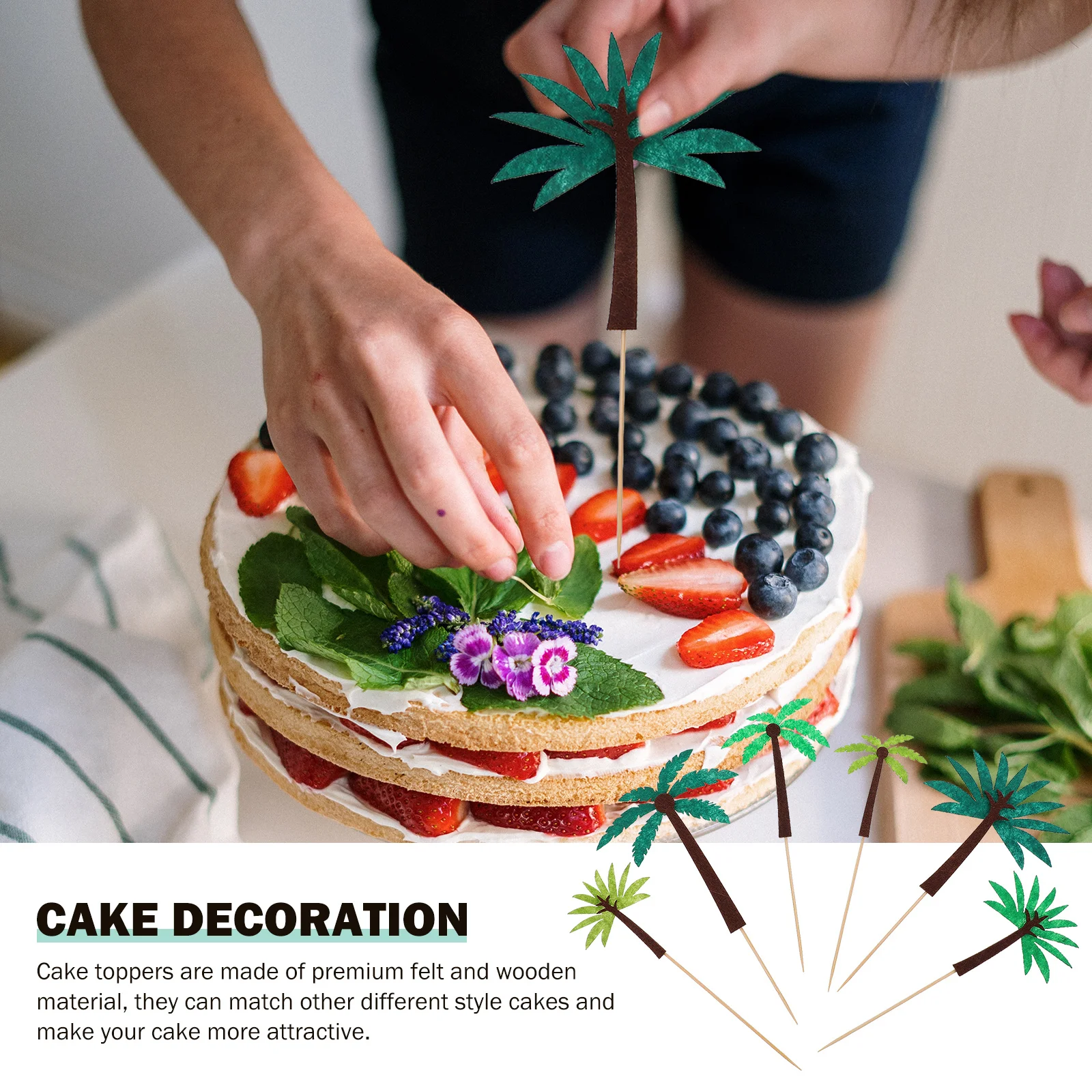 

24Pcs Premium Felt Cake Toppers Summer Coconut Tree Shape Cupcake Adornment Cake Toppers Fruit Decoration Prop