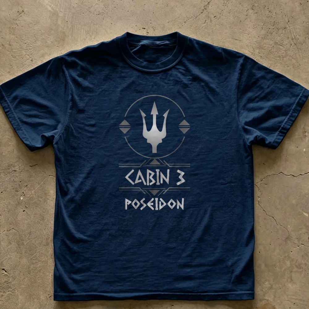 Cabin 3 Poseidon Trident Symbol Graphic T‑Shirt Casual Cotton Tees Percy Jackson Camp Half‑Blood Greek God of The Sea Tribal Top