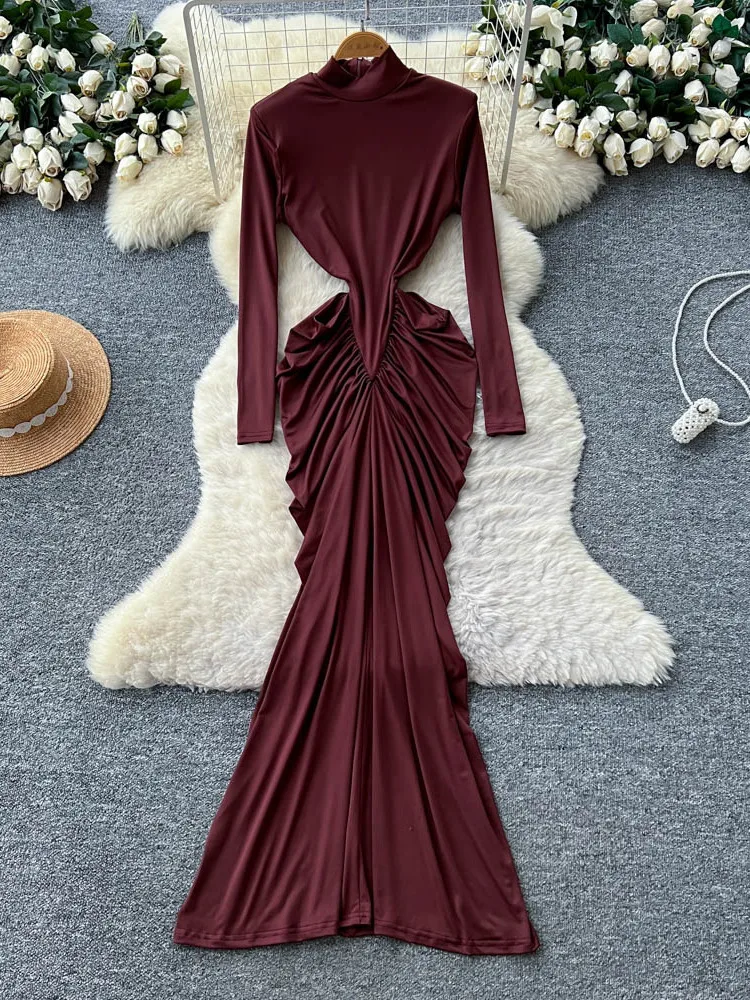 フォームリナ エレガント レディース ハイネック 長袖 ボディコン マキシドレス セクシー ソリッド カットアウト ウエスト ラッフル スリム フォーマル イブニング パーティー ガウン