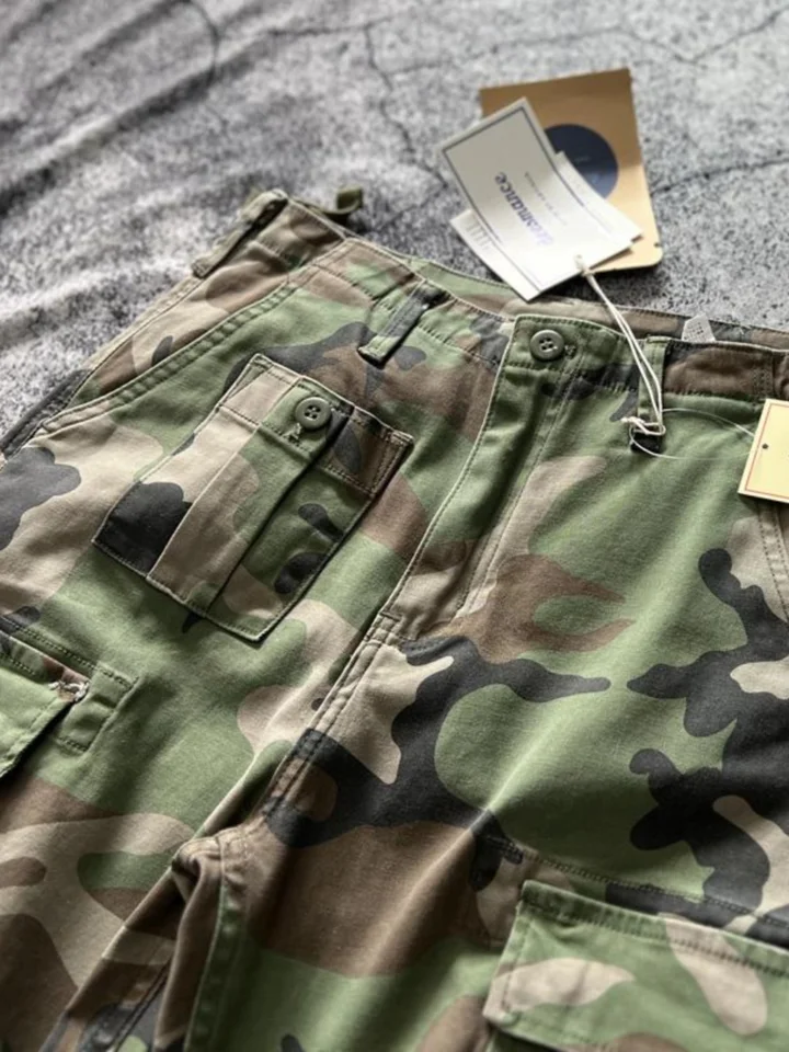 Amekaji American Retro Military Cargo Pants - Stretch Green Camo