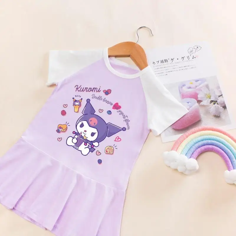 Sanrioed meine Melodie Kuromi Mädchen Kleid Sommer Kinder Kurzarm T-Shirt Rock Mode Falten rock Prep niedlichen Kinder Kleidung Geschenk