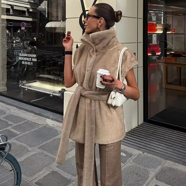 Stylish Retro Elegant Gilet Sleeveless Chic Party Casual Commuter Lady Faux Fur Jacket Waist-tie Women Street Autumn Wear