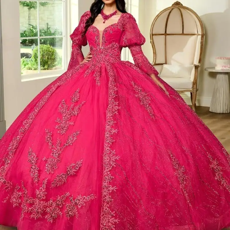 

Customized Shiny Rose Red Long sleeves Quinceanera Dress sequin applique crystal Tull Lace vestidos de 15 Quinceanera ﻿