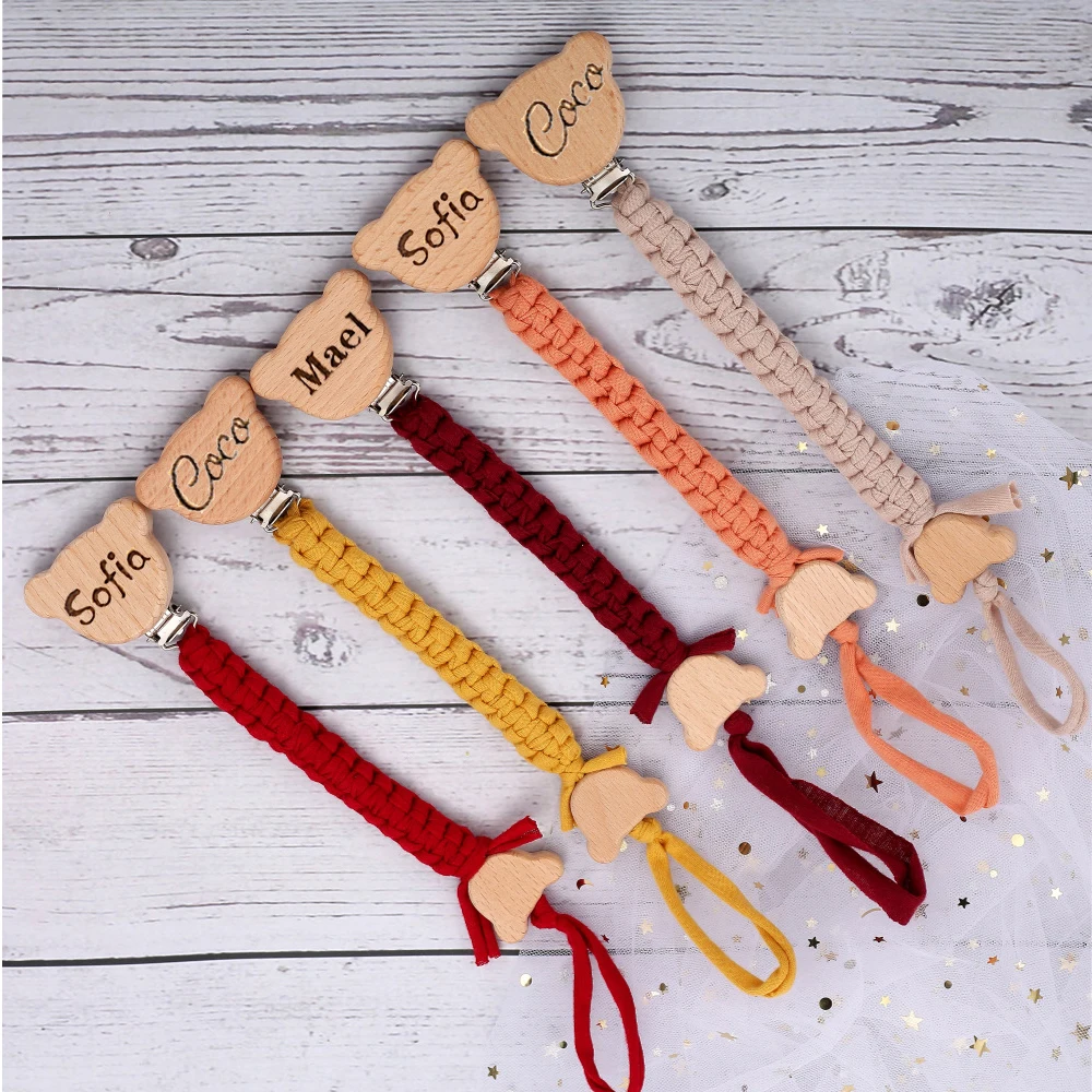 Custom Name Wooden Personalized Baby Pacifier Chain Braided Weave Dummy Nipple Holder Guard Teether Pendant Newborn Gift Stuff