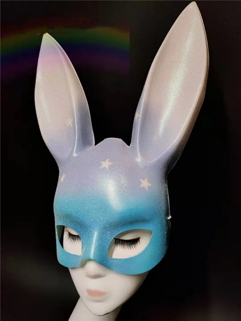 New Women's Rabbit Mask Cosplay Costume Accessory Long Black Rabbit Ears Plastic Shiny Blue Bunny Mask for Masquerade Ball Party