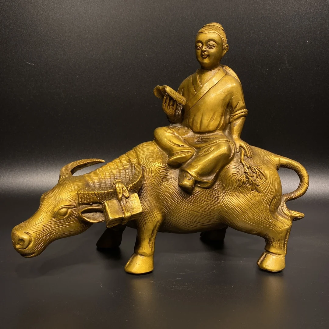 

Pure Copper Shepherd Boy Riding A Bull Statue Carved Brass Craft Home Decoration Statue