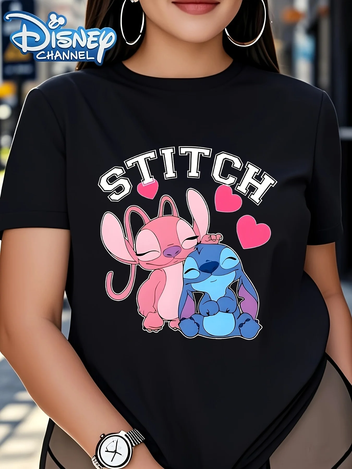 

Женский повседневный летний топ с рисунком Disney Stitch & Angel Hug, розовый и синий дизайн с персонажами, повседневная одежда обычного кроя