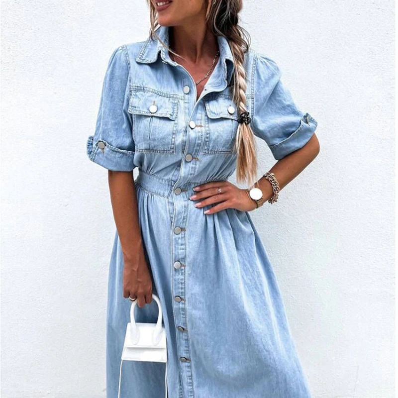 Elegant Lapel Short Sleeve Denim Dress New Casual Single-breasted Pocket Long Dress Summer High Waist Temperament Commute Dress