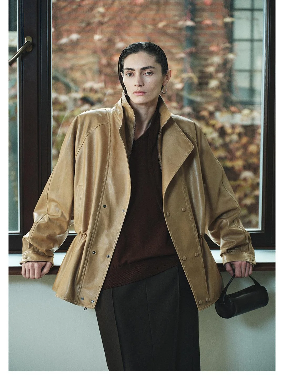 Cera ad olio leggero Pelle di agnello Colletto a doppio strato Vita con coulisse Lunghezza midi Cappotto Jaet da donna Sle Pendolarismo Vestibilità ampia Manica lunga...