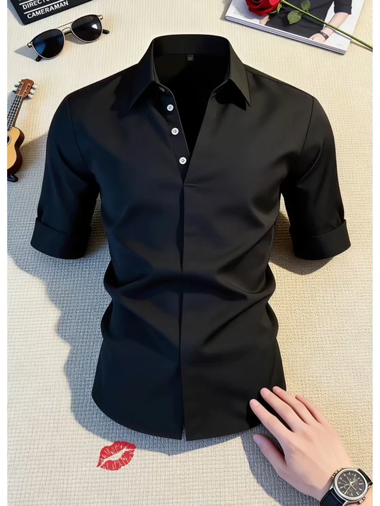 

Black Short Sleeve V-Neck Casual Shirt Men's Summer Thin Style British Fashion Seven Sleeve Casual Men's Wear Breathable Ice ...