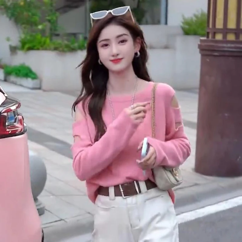 

Spring Autumn 2024 Versatile round Ne Knitwear Design Sle Women's Top Slimming Age-Defng Quali Fabric Long Sve