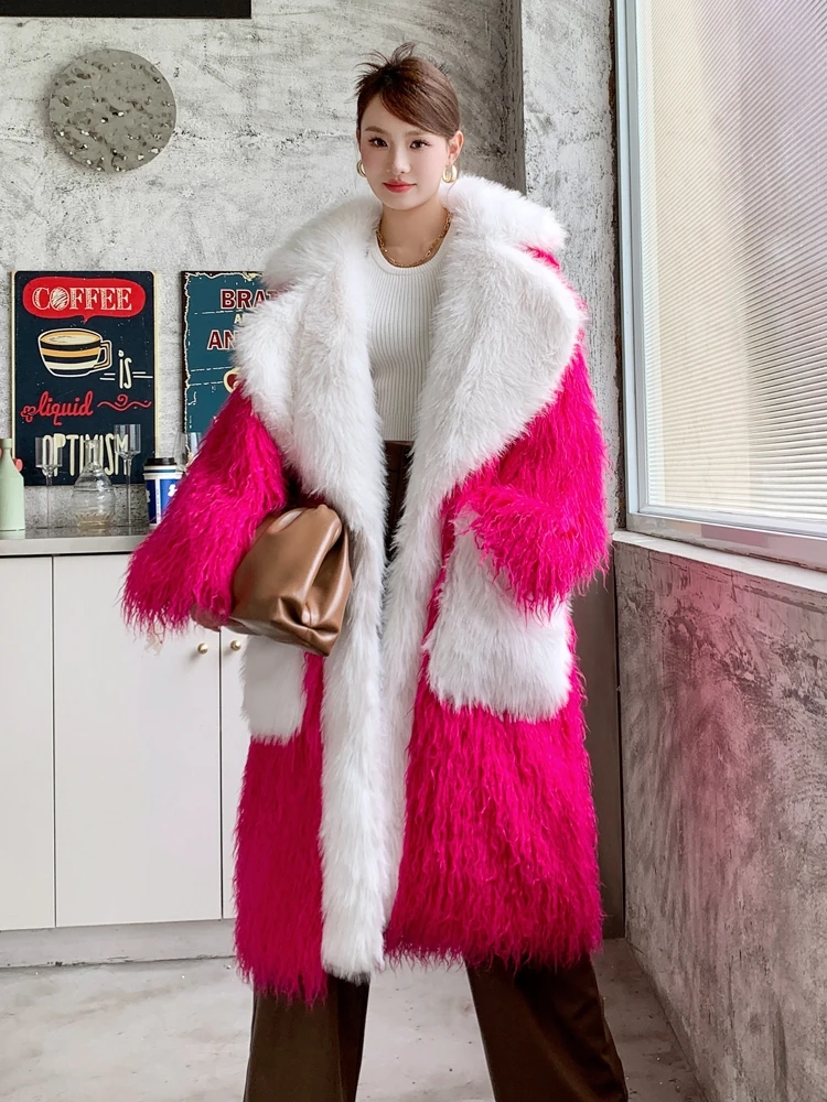 Original Design Orange Faux Fur Coat Female Eco-friendly Loose lapel Long Jacket Lady Shaggy Outerwear Women's Winter Coats