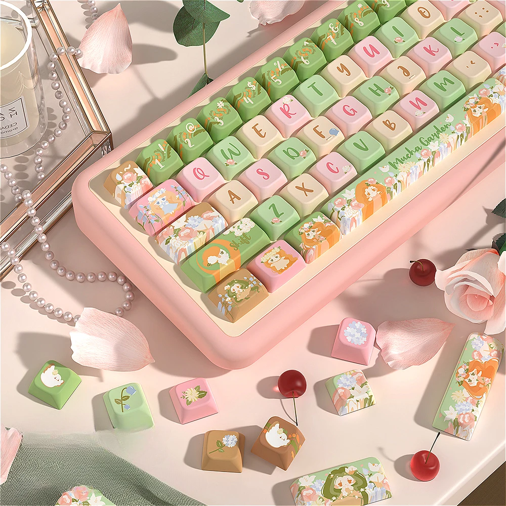 MUCHA GARDEN Pink Green Keycaps Thermal Sublimation Technology MDA Height Keycap Set for Mechanical Keyboards with MX Switches