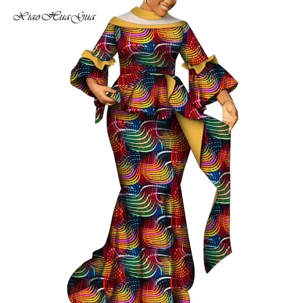 African Two Piece Set for Women Traditional Ankara Dashiki Flare Sleeve Top and Long Skirt Suits Dress Party Clothing WY9603