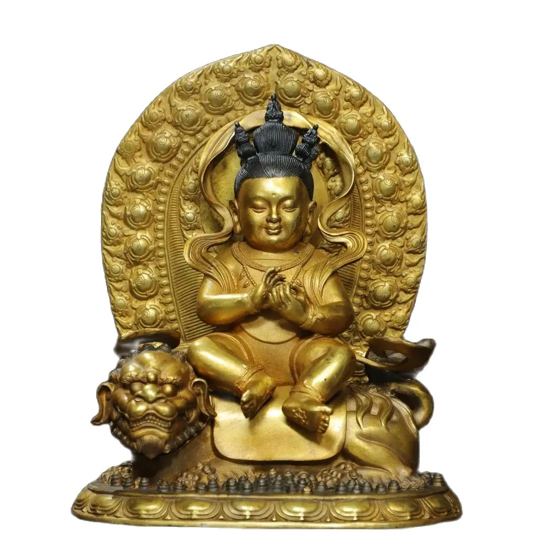 Home Worship of Religious Bronze Gilded Buddha Statue Child Riding Beast Height 24cm, width 20cm, thickness 13cm, weight 2.5kg