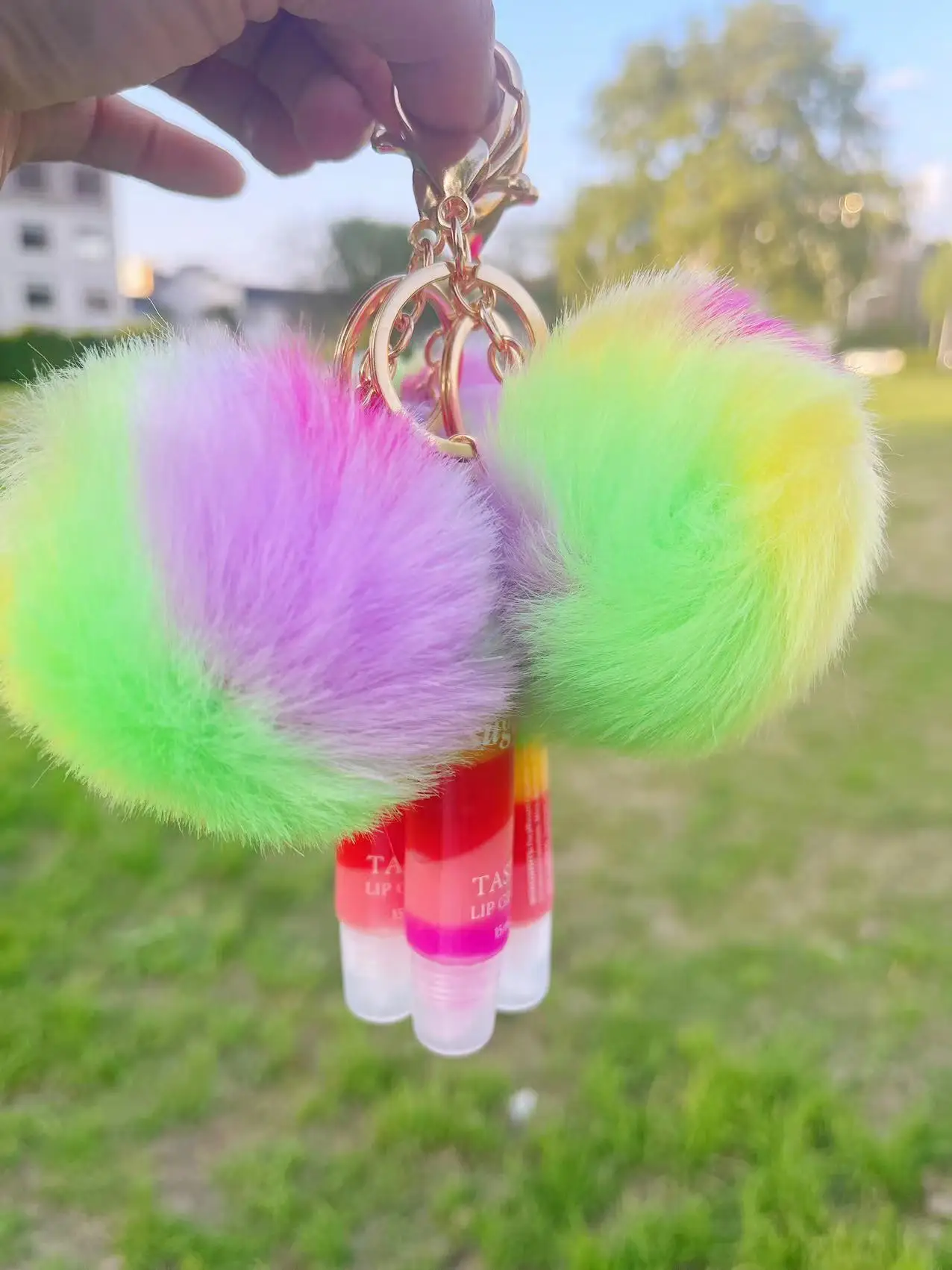 Hot Selling Rainbow PompomS Keychain Lipgloss Colorful Pearlescent Moisturizing Cosmetics Sexy Lip Tint Lips Lip Gloss