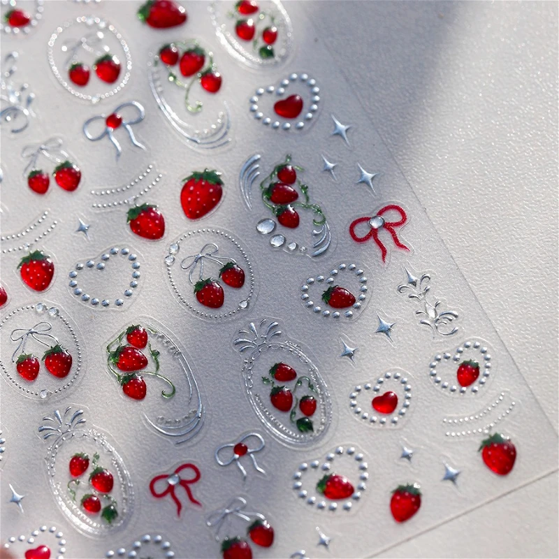 

Lovely Red Seductive Strawberry Line Bowknot Love Heart Star Jelly Cherry Delicate Self Adhesive Nail Art Sticker Manicure Decal