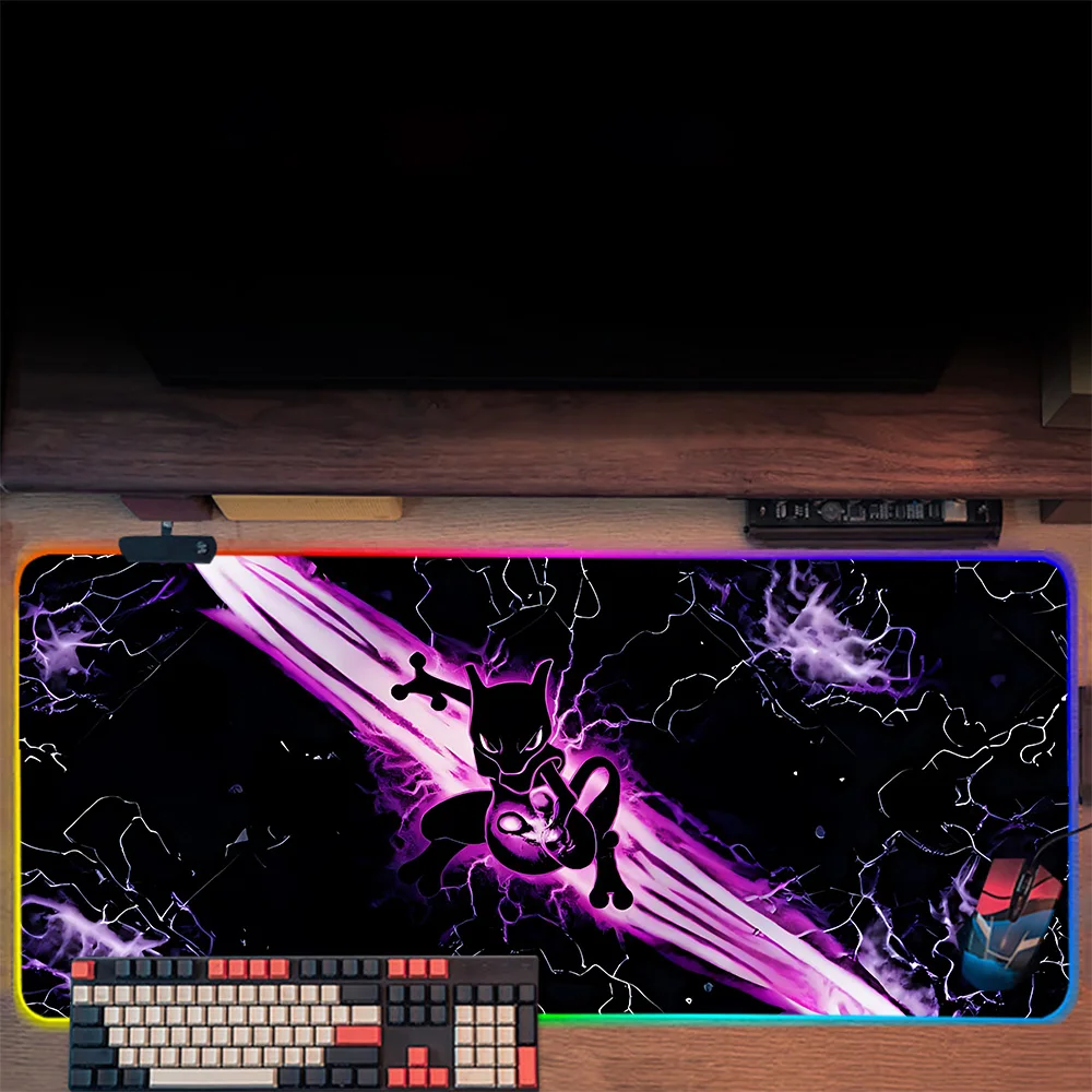 لوحة ماوس ولوحة مفاتيح ألعاب PC لطيفة من Mewtwos RGB ، حصير ماوس متوهجة بإضاءة LED ، لوحة ماوس من المطاط للألعاب
