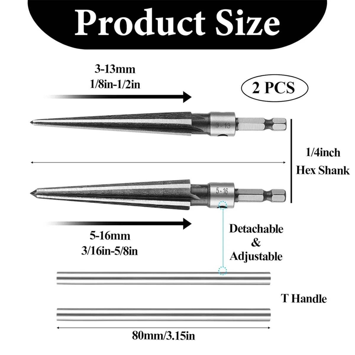 2Pcs T Handle Tapered Reamer Tool, 3-13mm (1/8-1/2 Inch) & 5-16mm(1/2-5/8 Inch) Bridge Pin Hole Hand Reamer