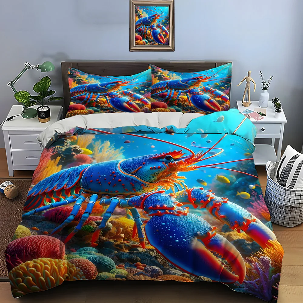 Blue lobster with coral underwater scene Print Soft Comfortable Duvet Cover Bedding Set Included 1*Duvet Cover  2*Pillowcases