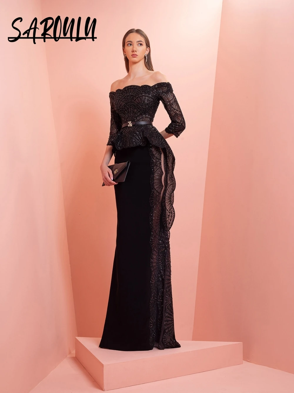 

Black Beaded Lace Embroidery Evening Gown 2026 Customized 3/4 Sleeves Glamorous Prom Dress Exquisite Off-the-shoulder Party Wear