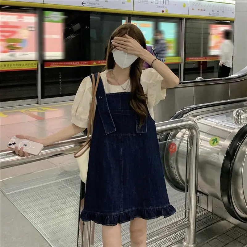 

Two-Piece Suit New Women'S Denim Dress Braces Dresses Casual Clothing Vintage Jeans Clothes Preppy Style Cute Girl Outfit