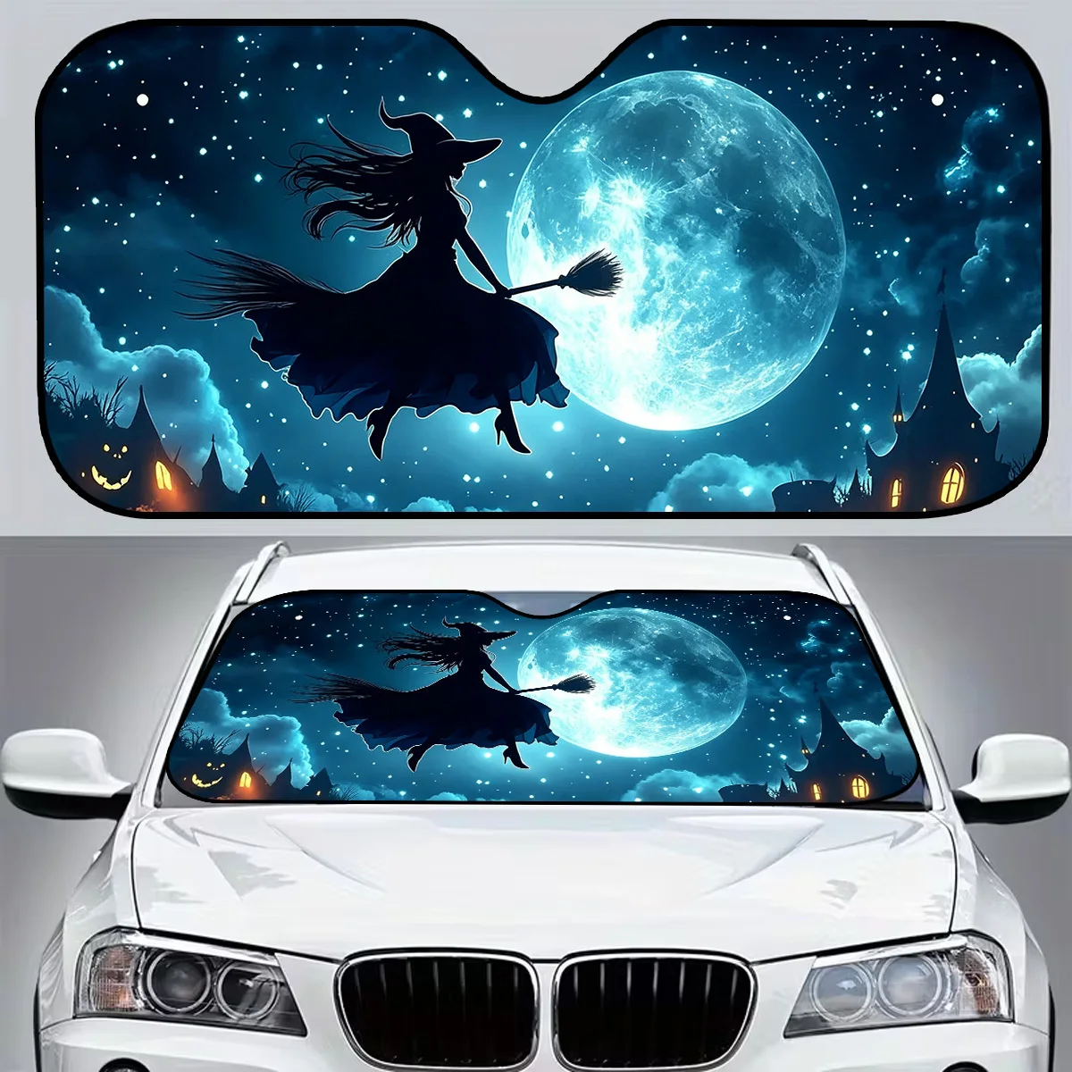 Witch Car Sunshade Foldable Storage Effective Sun Protection Helping Keep Car Cool Suitable for Outdoor Road Trip Halloween
